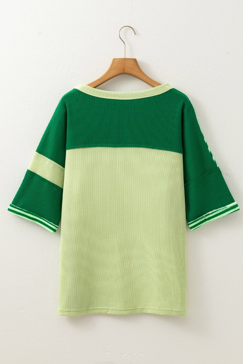 Mint Green Striped Patchwork Textured Colorblock Knit Top