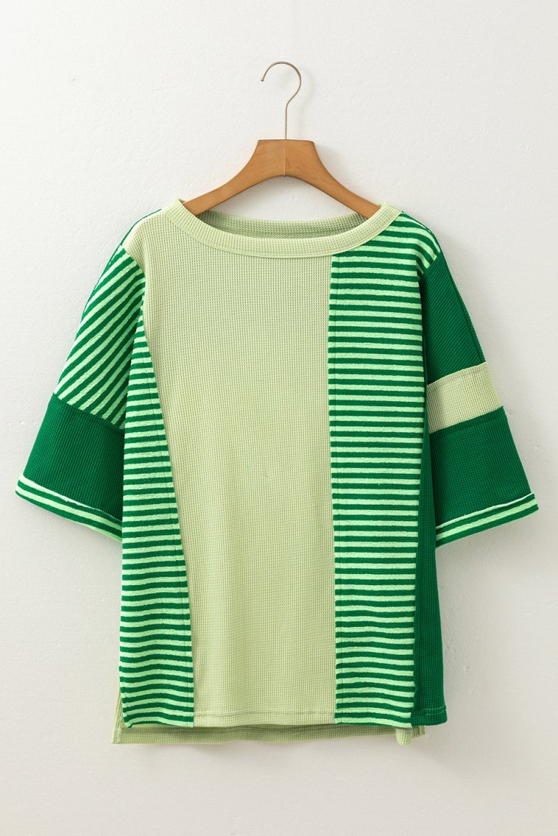 Mint Green Striped Patchwork Textured Colorblock Knit Top