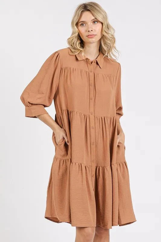 Mittoshop Button Detail Collared Neck Tiered Shirt Dress