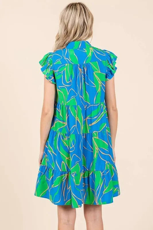 Mittoshop Leaf Print Ruffle Sleeve Tiered Mini Dress For Women