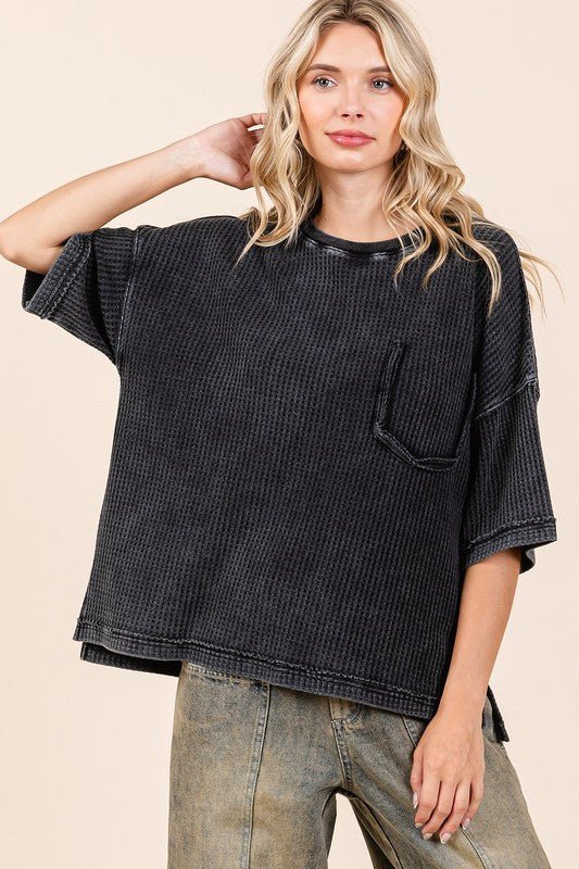 Mittoshop Mineral Wash Waffle Knit Short Sleeve Top for Women