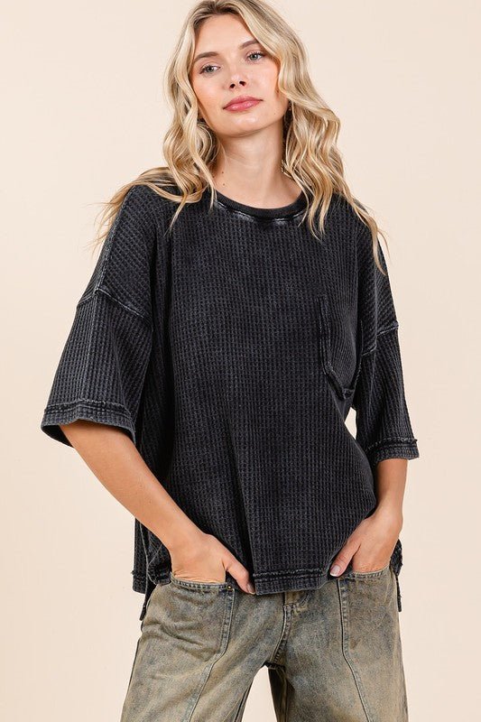 Mittoshop Mineral Wash Waffle Knit Short Sleeve Top for Women