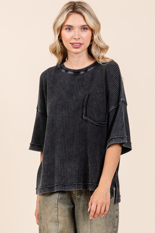 Mittoshop Mineral Wash Waffle Knit Short Sleeve Top for Women