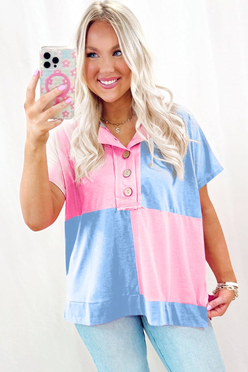 Myosotis Two Tone Half Buttons Collared T Shirt for Women
