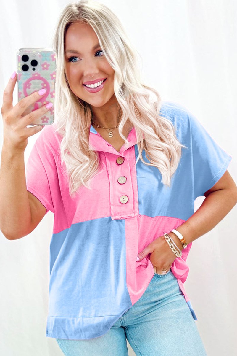 Myosotis Two Tone Half Buttons Collared T Shirt for Women