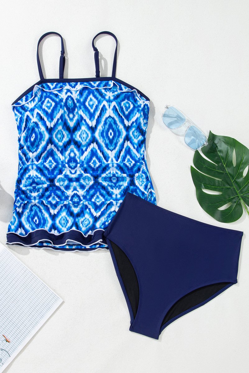Navy Blue Abstract Print Frilled Trim Spaghetti Straps Tankini Set