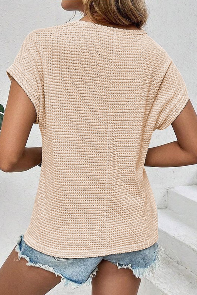 Oatmeal Lace Patchwork Waffle Short Sleeve Top for Women