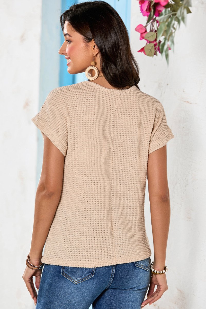 Oatmeal Lace Patchwork Waffle Short Sleeve Top for Women