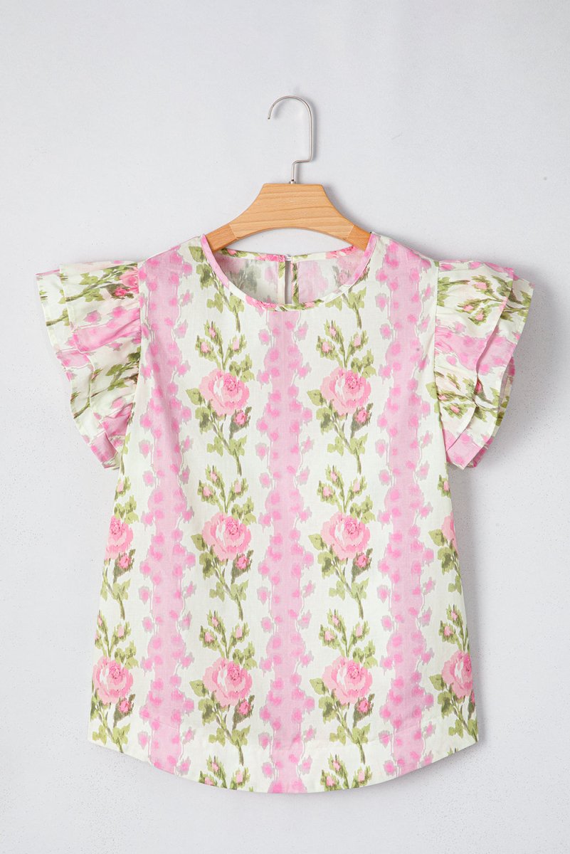 Pink Floral Print Ruffled Sleeve Summer Top for Women