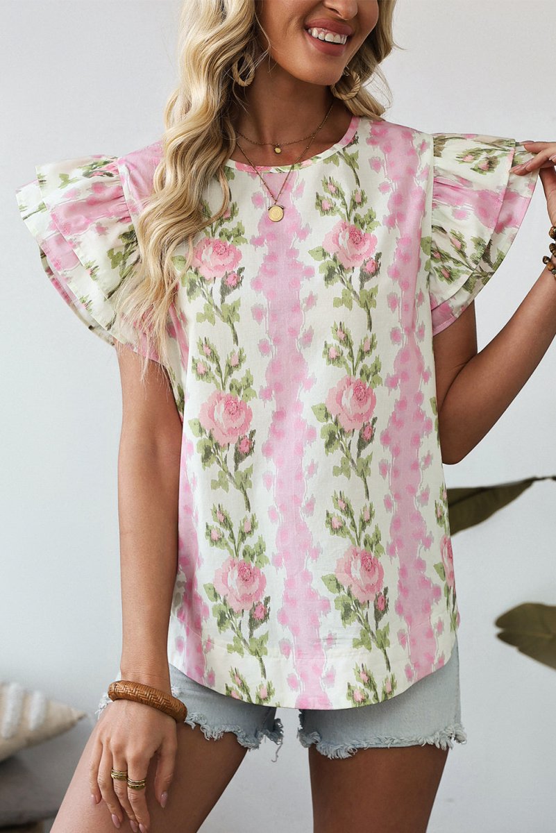 Pink Floral Print Ruffled Sleeve Summer Top for Women
