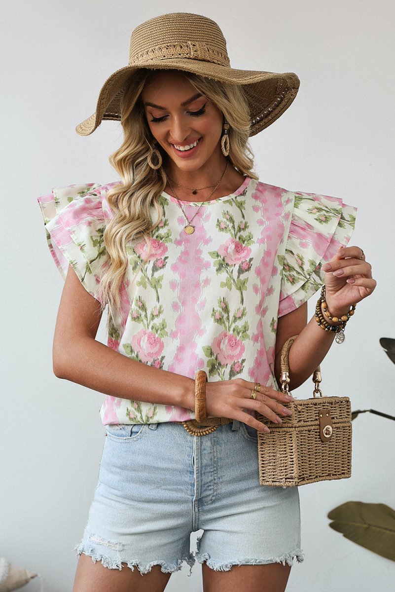 Pink Floral Print Ruffled Sleeve Summer Top for Women