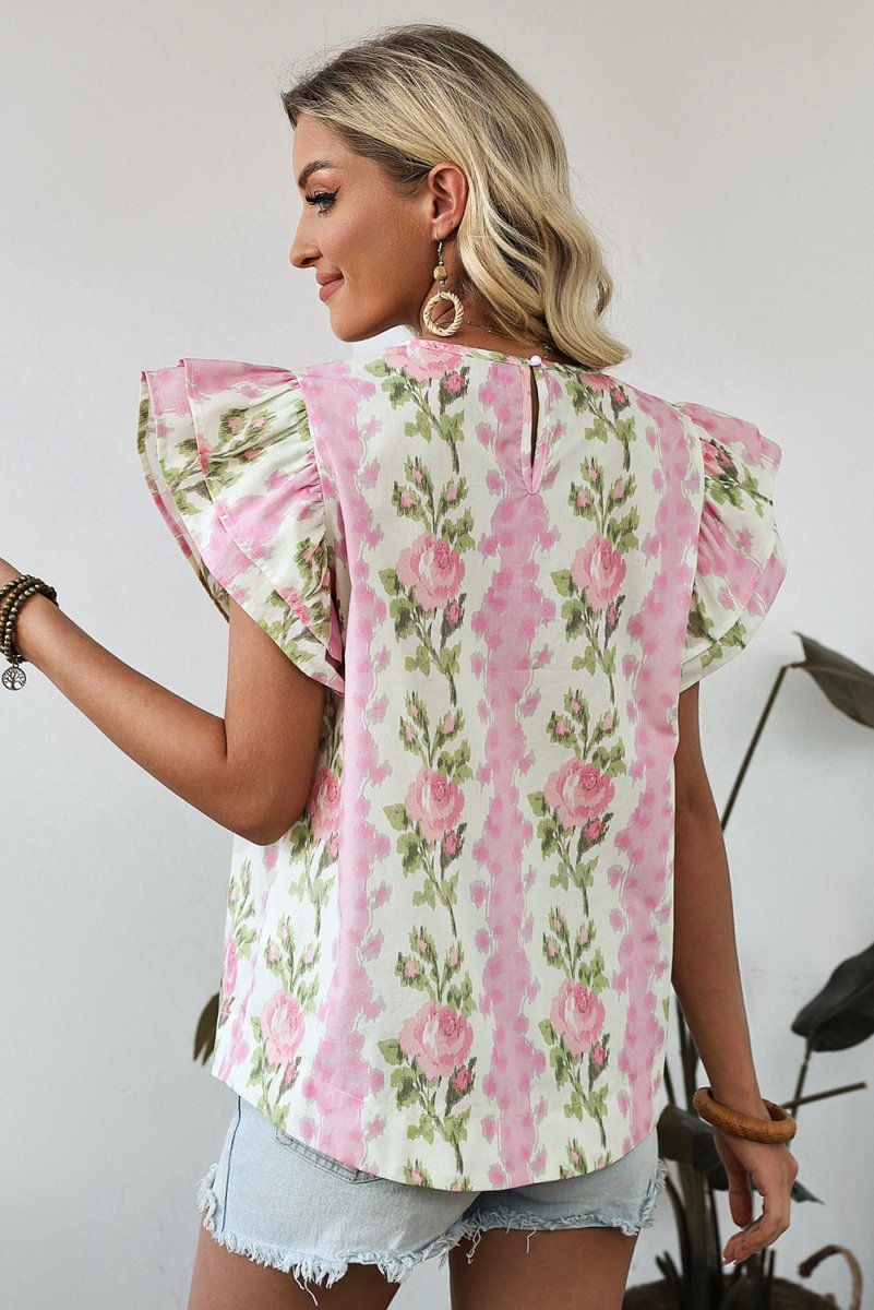 Pink Floral Print Ruffled Sleeve Summer Top for Women