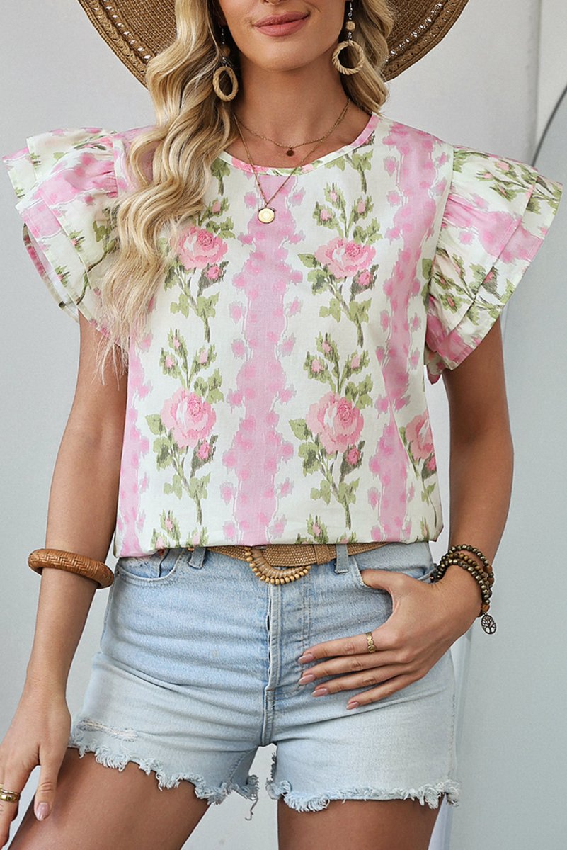 Pink Floral Print Ruffled Sleeve Summer Top for Women