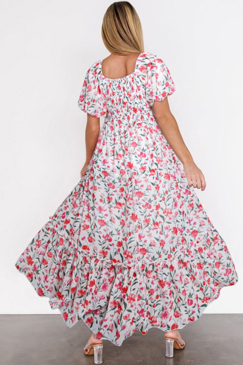 Pink Floral Puff Sleeve Square Neck Empire Waist Maxi Dress