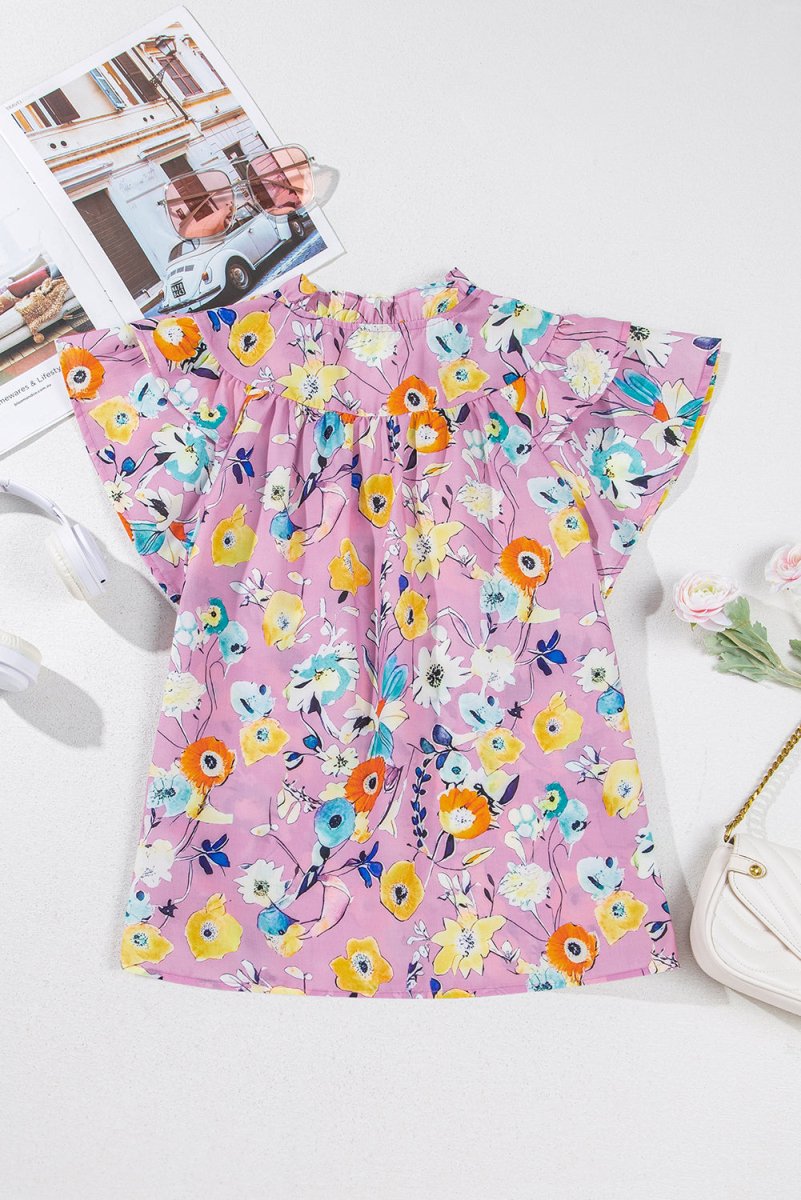 Pink Flutter Sleeve V Neck Floral Top for Women