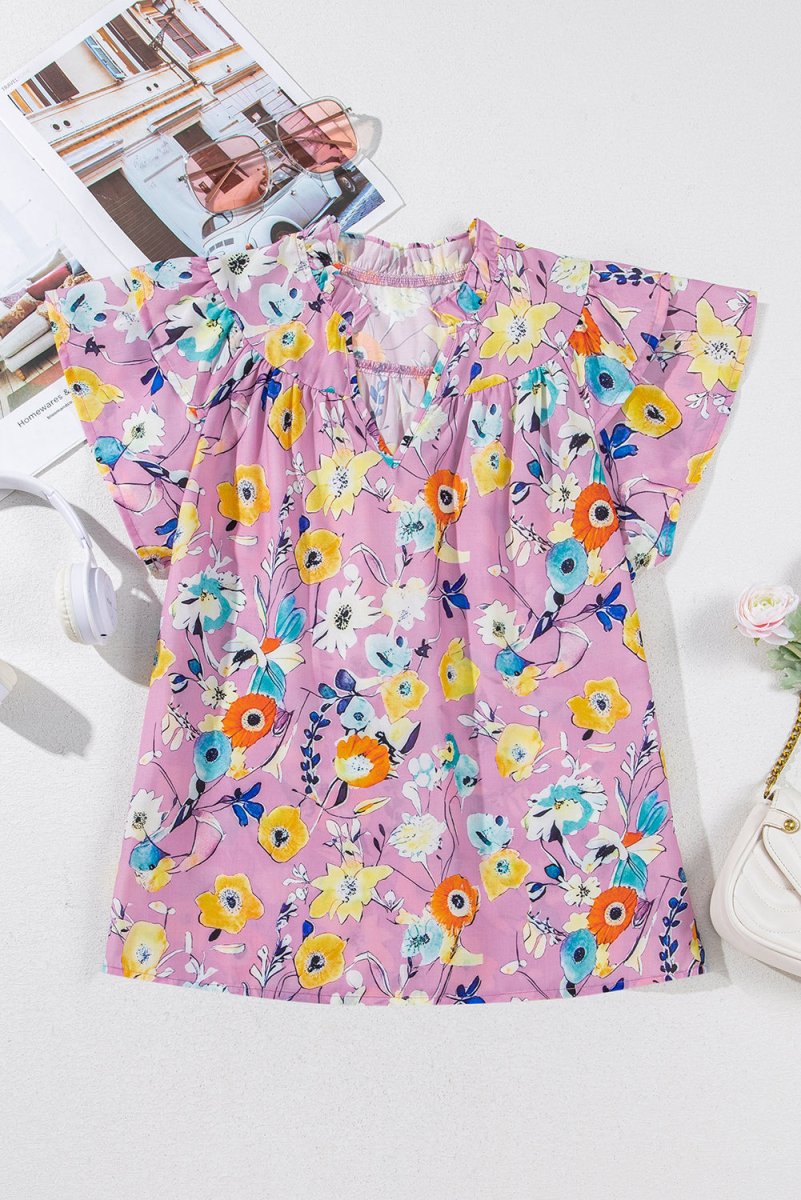 Pink Flutter Sleeve V Neck Floral Top for Women