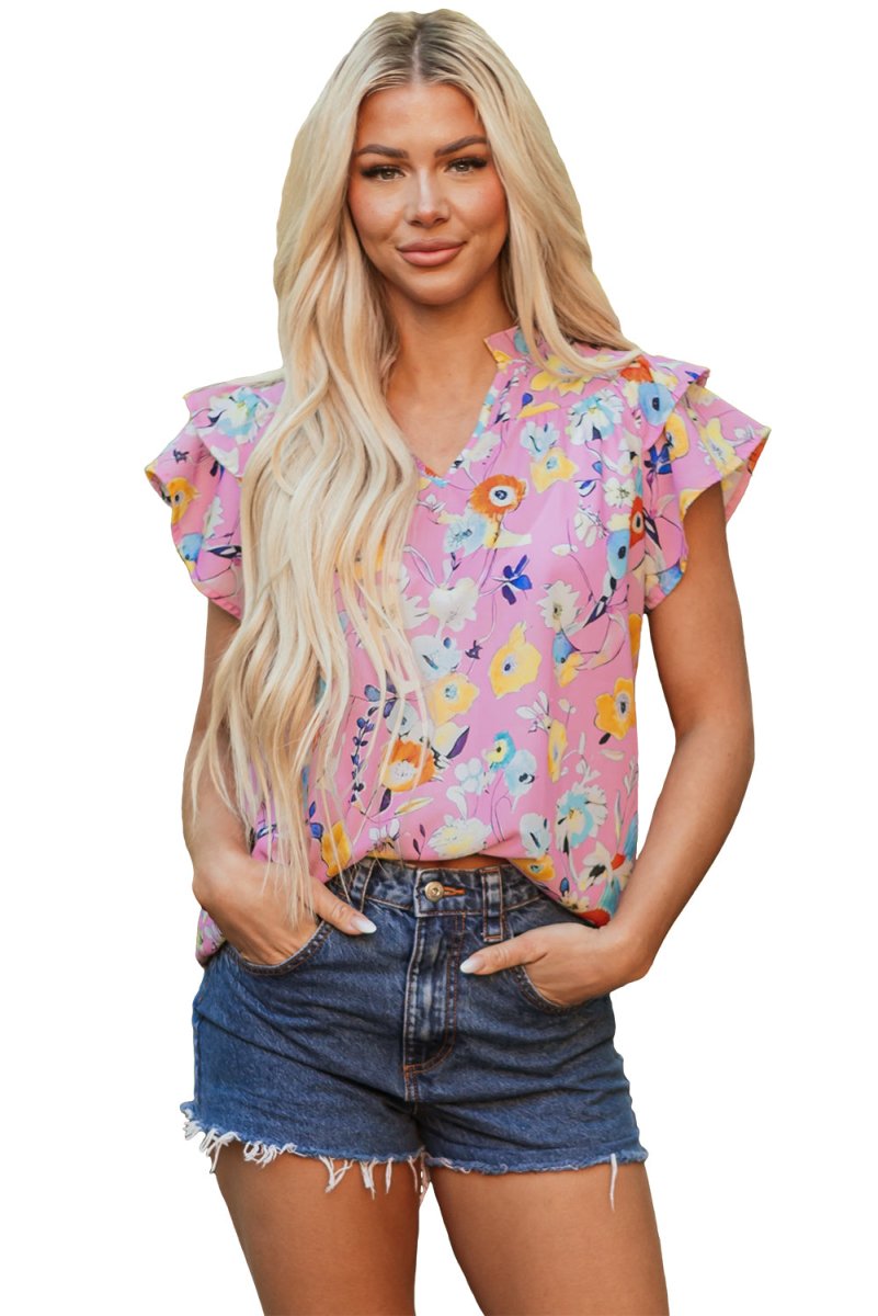 Pink Flutter Sleeve V Neck Floral Top for Women