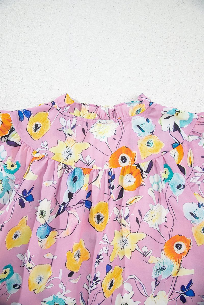 Pink Flutter Sleeve V Neck Floral Top for Women
