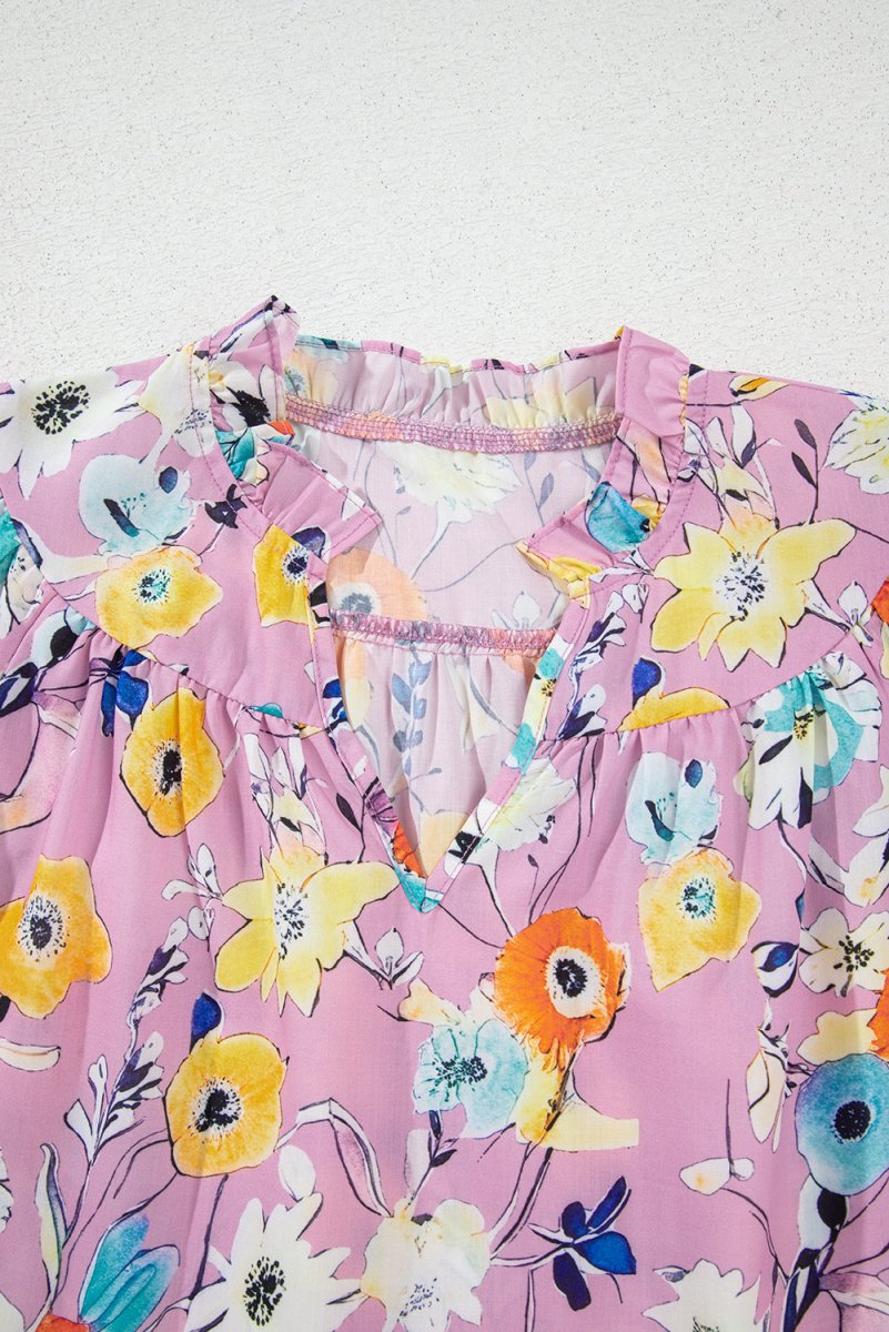 Pink Flutter Sleeve V Neck Floral Top for Women