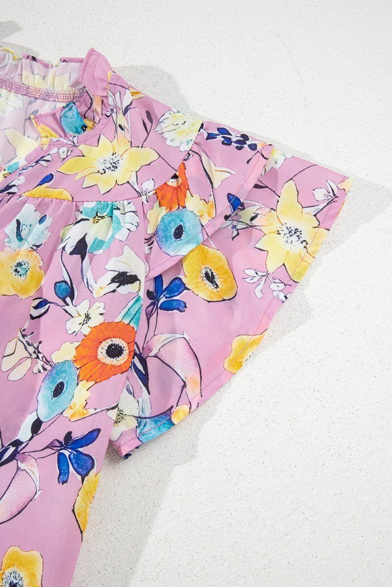 Pink Flutter Sleeve V Neck Floral Top for Women