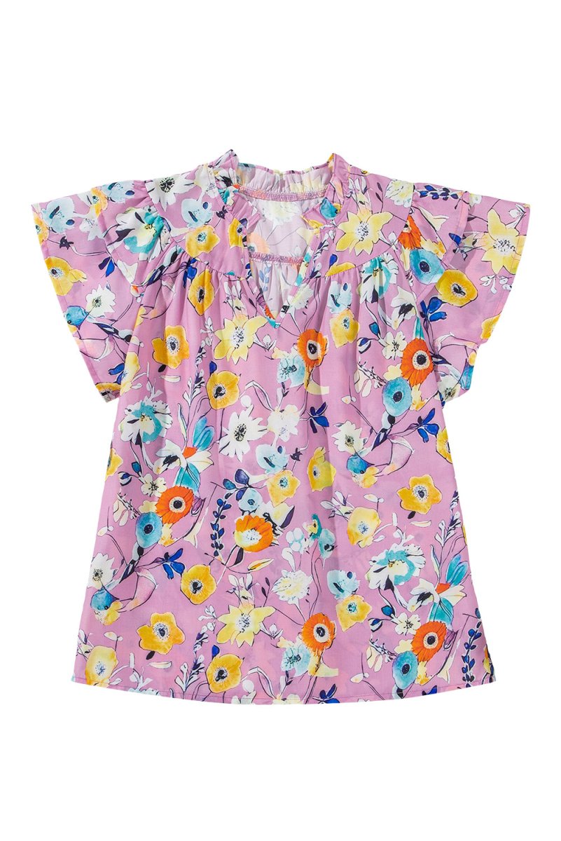 Pink Flutter Sleeve V Neck Floral Top for Women