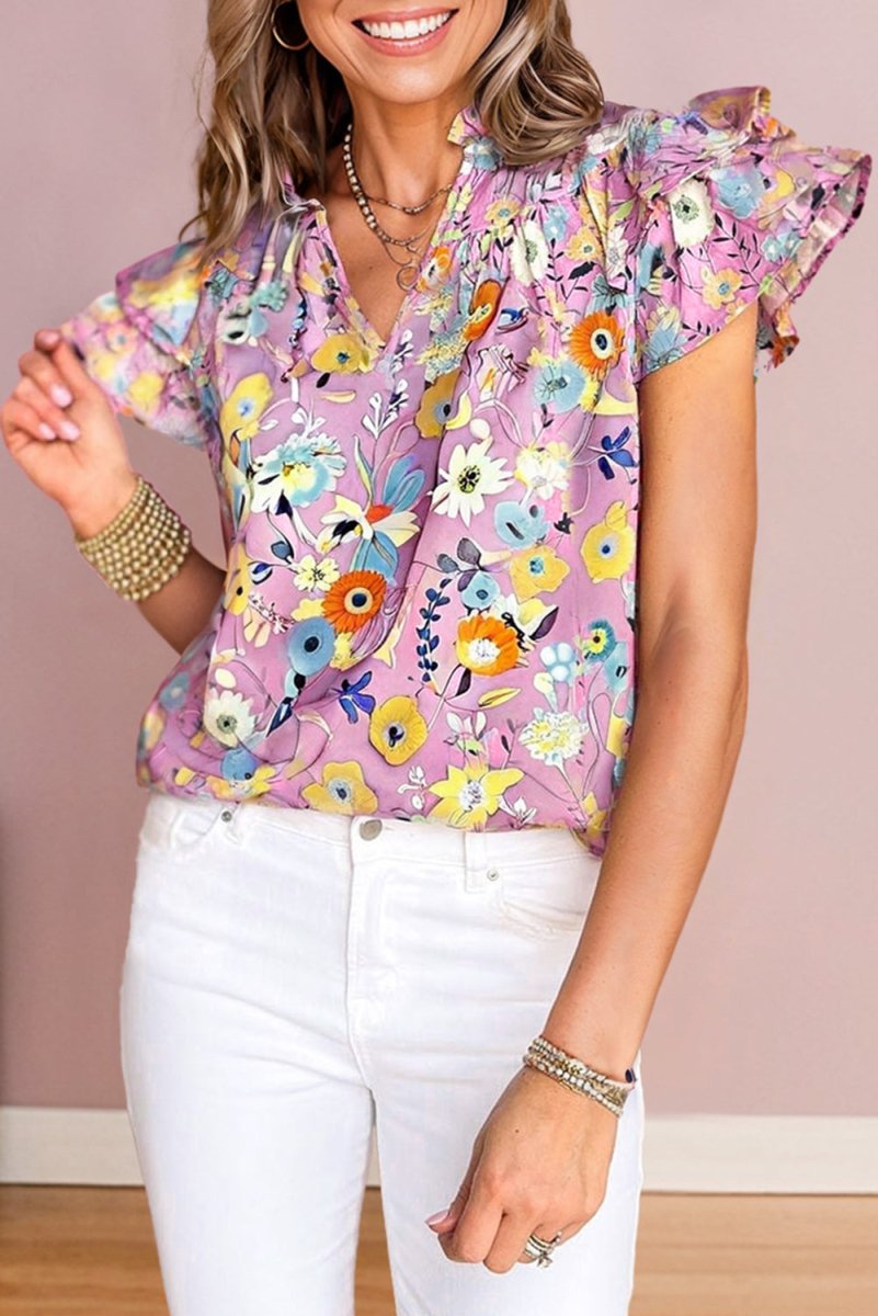 Pink Flutter Sleeve V Neck Floral Top for Women