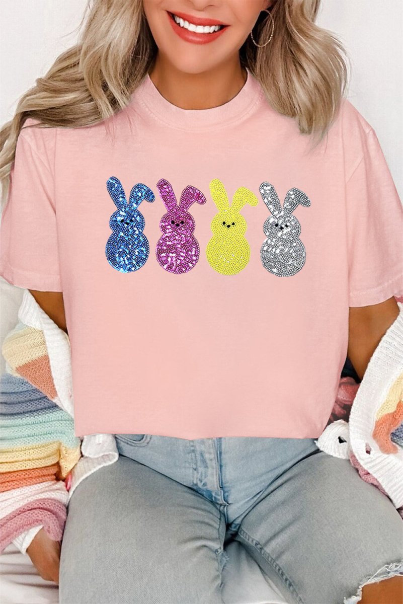 Pink Sequin Cute Bunny Graphic Easter Fashion Tee Shirt