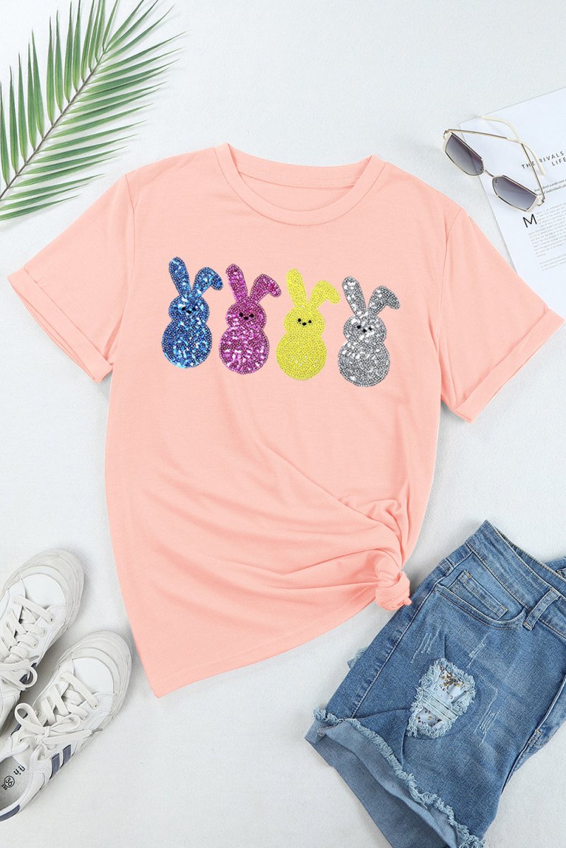 Pink Sequin Cute Bunny Graphic Easter Fashion Tee Shirt