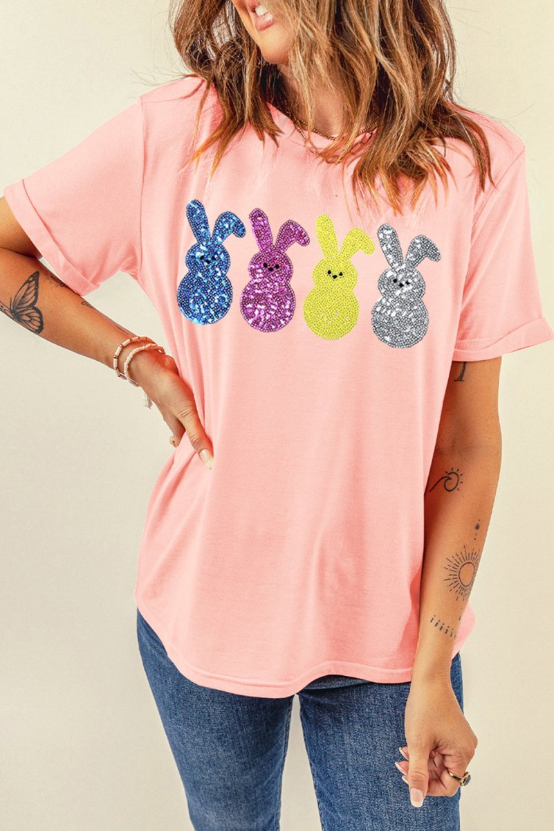 Pink Sequin Cute Bunny Graphic Easter Fashion Tee Shirt