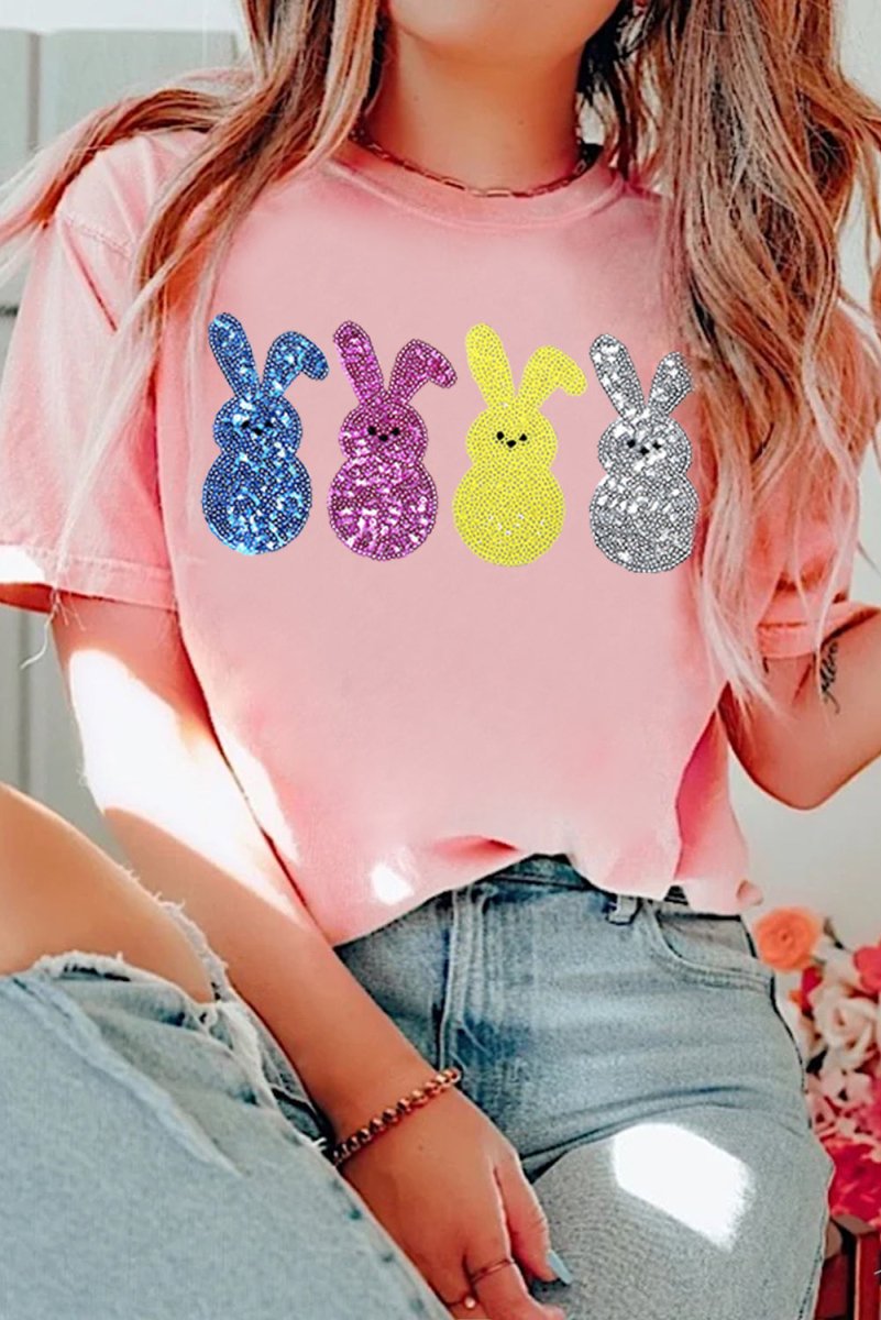 Pink Sequin Cute Bunny Graphic Easter Fashion Tee Shirt