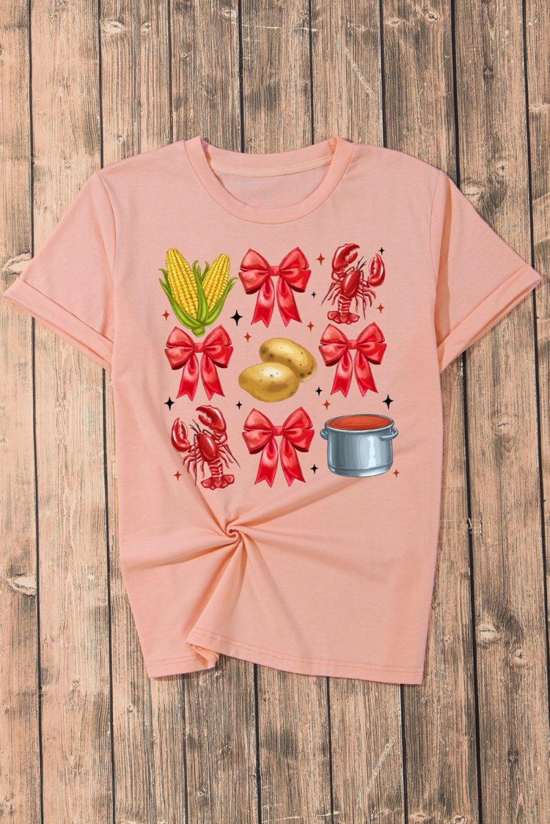 Pink Summer Food Bow Crawfish Printed T Shirt for Women