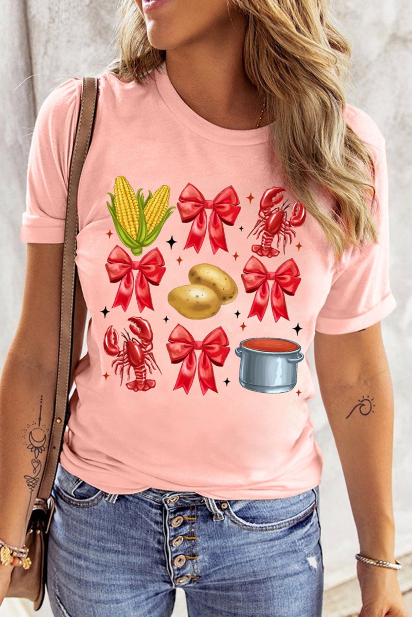 Pink Summer Food Bow Crawfish Printed T Shirt for Women
