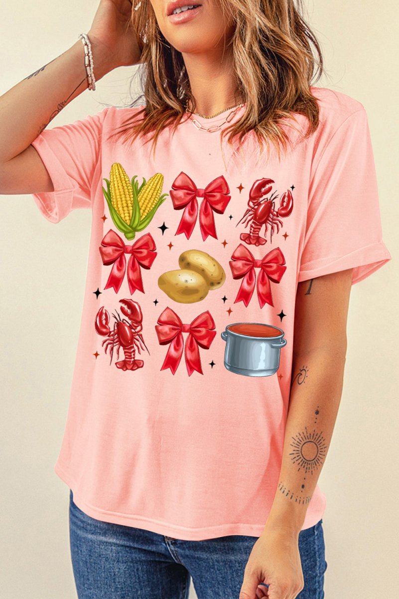 Pink Summer Food Bow Crawfish Printed T Shirt for Women