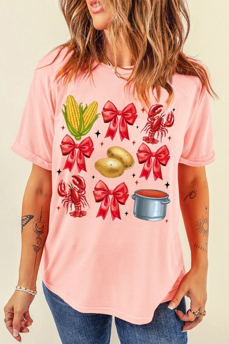 Pink Summer Food Bow Crawfish Printed T Shirt for Women