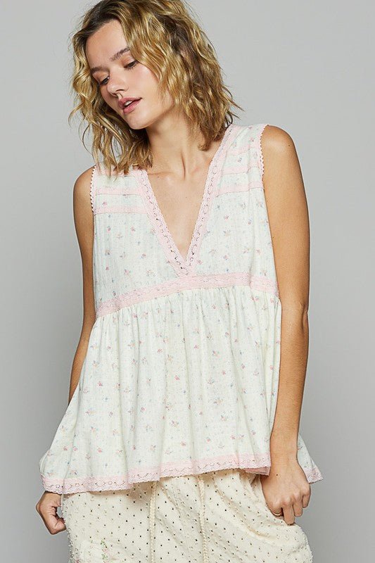 POL Lace Detail Floral V-Neck Sleeveless Top for Women