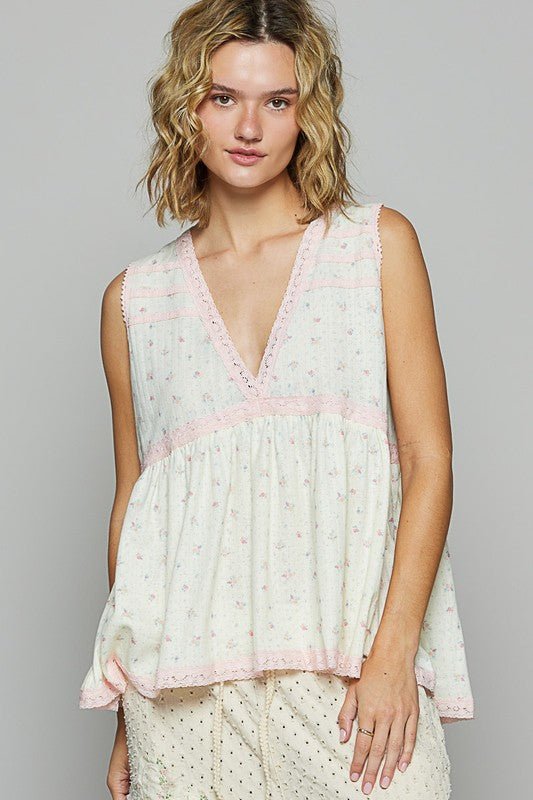 POL Lace Detail Floral V-Neck Sleeveless Top for Women