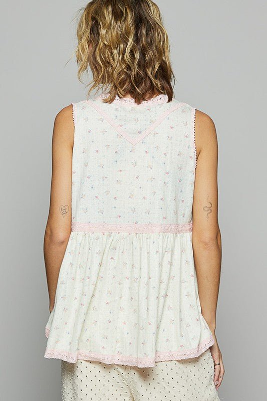 POL Lace Detail Floral V-Neck Sleeveless Top for Women