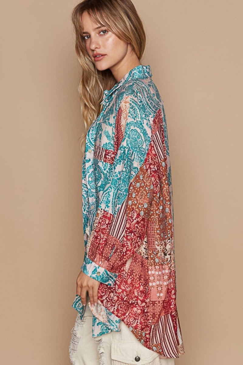 POL Long Sleeve Printed Button Down Shirt for Women
