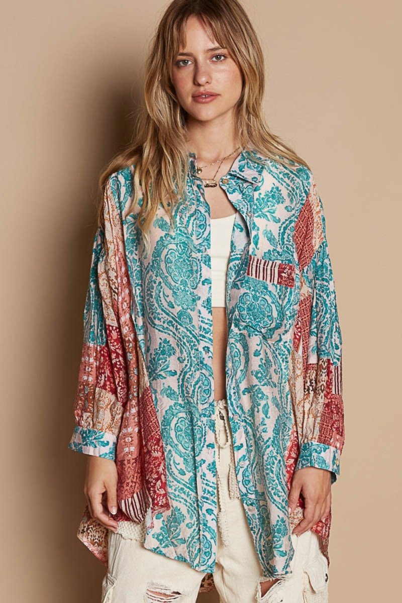 POL Long Sleeve Printed Button Down Shirt for Women