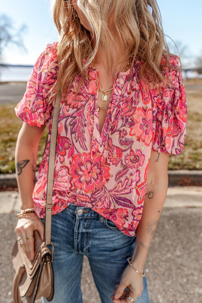 Red Floral Print Ruffled Puff Short Sleeve Blouse for Women