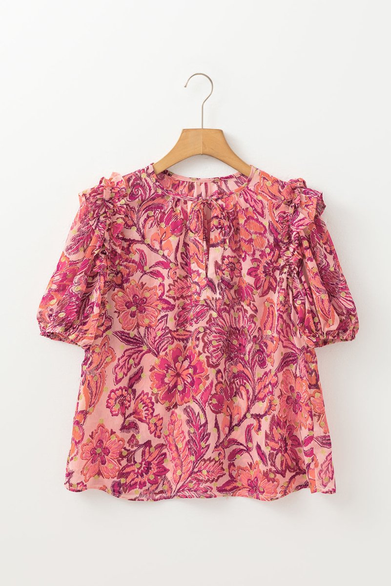 Red Floral Print Ruffled Puff Short Sleeve Blouse for Women