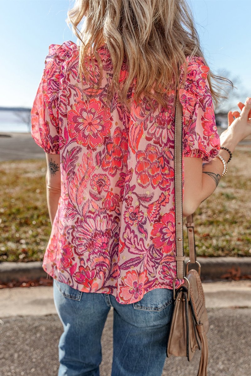 Red Floral Print Ruffled Puff Short Sleeve Blouse for Women