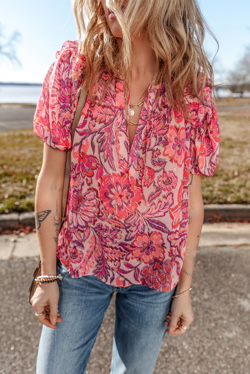Red Floral Print Ruffled Puff Short Sleeve Blouse for Women