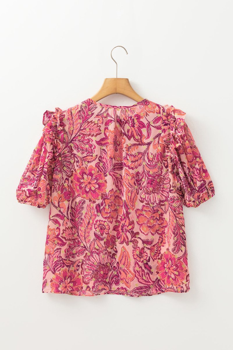 Red Floral Print Ruffled Puff Short Sleeve Blouse for Women