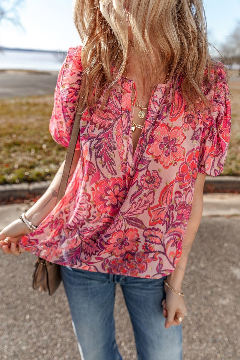 Red Floral Print Ruffled Puff Short Sleeve Blouse for Women
