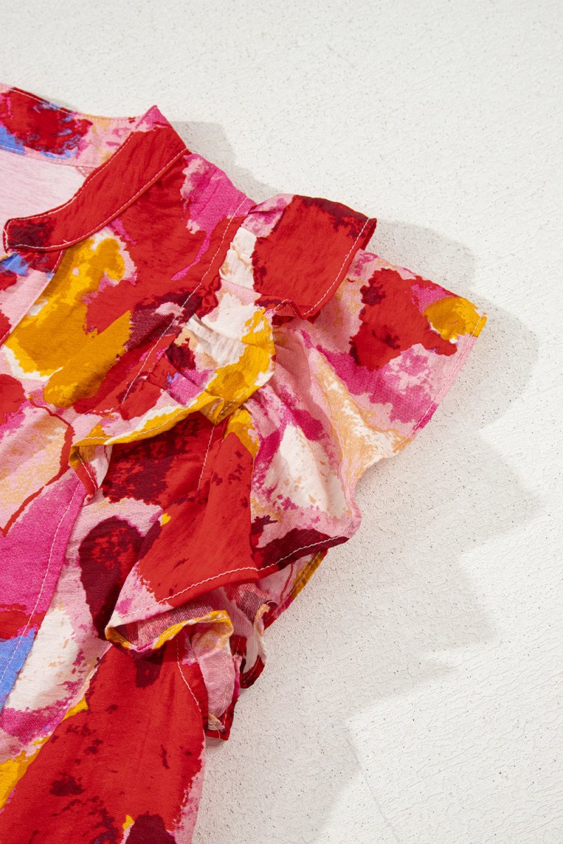 Red Ruffled V Neck Blouse with Abstract Print
