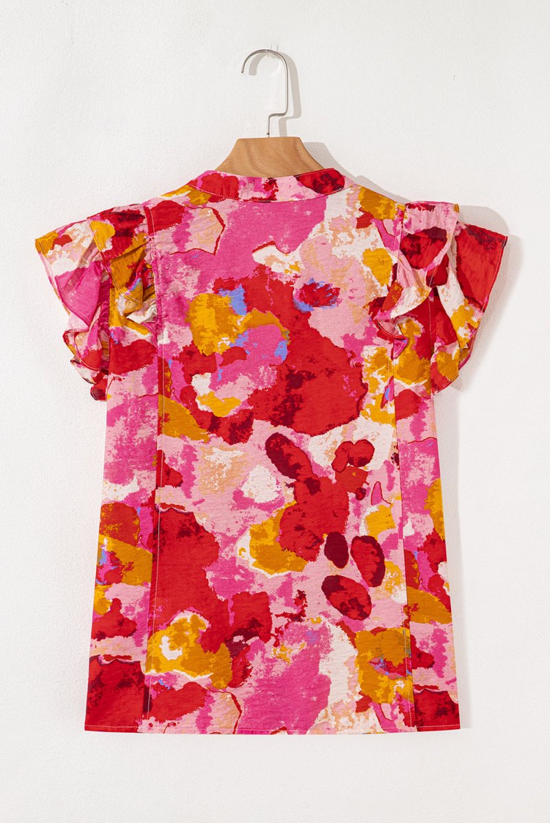 Red Ruffled V Neck Blouse with Abstract Print
