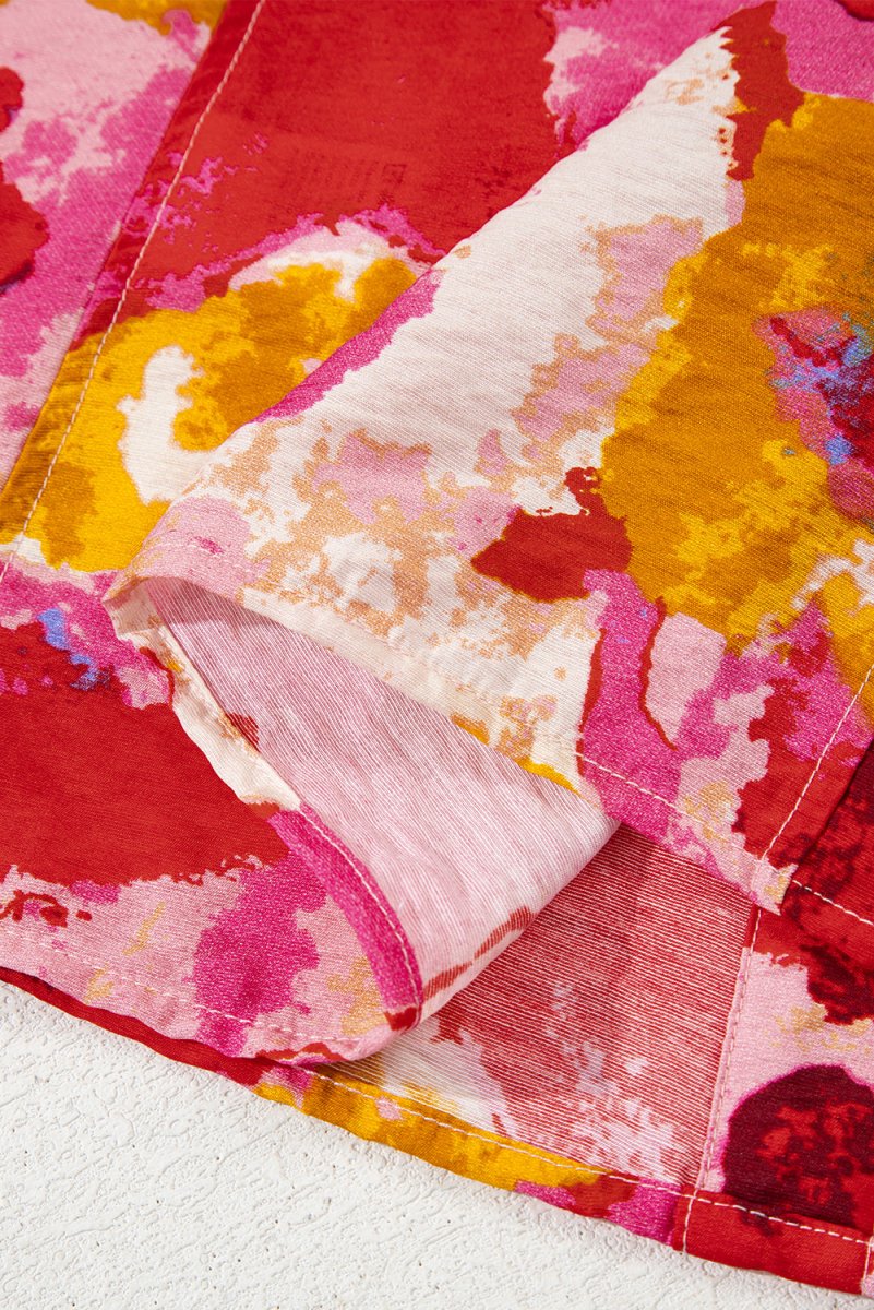 Red Ruffled V Neck Blouse with Abstract Print