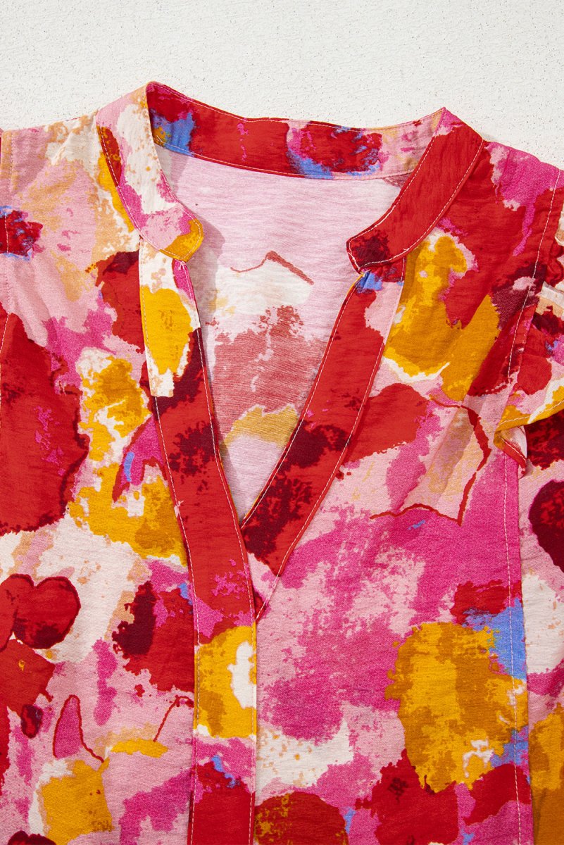 Red Ruffled V Neck Blouse with Abstract Print