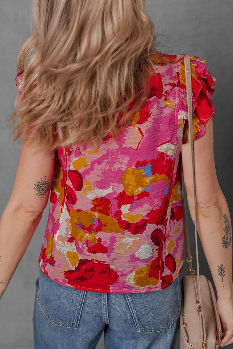 Red Ruffled V Neck Blouse with Abstract Print